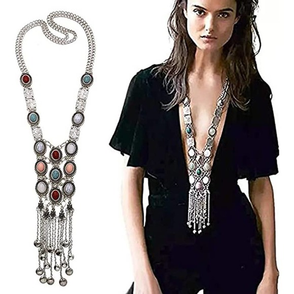 Boutique Jewelry - Turquoise Long Boho Statement Ethnic Tribal Necklace Bohemian Gemstone Necklace